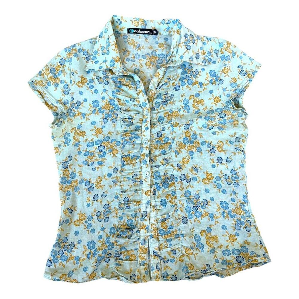 Coolwear blue floral button up blouse with ruched detail and cap sleeves
